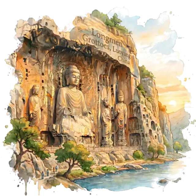 Longmen Grotten China Aquarell Kunst
