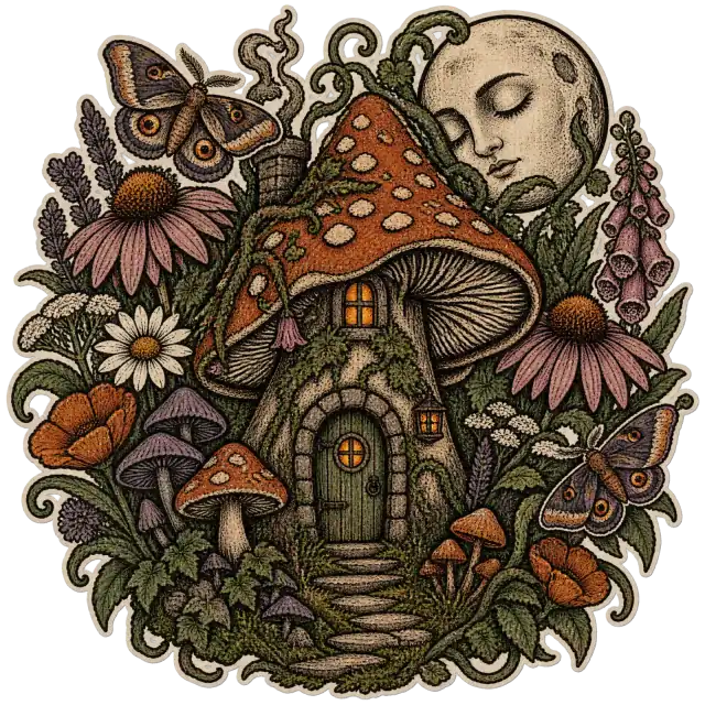 Enchanted Mushroom Cottage Botanical Moon Art